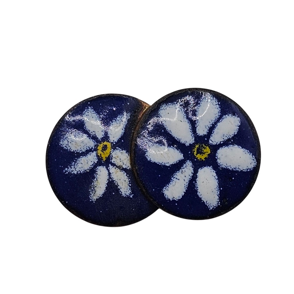 Vintage Enamel Daisy Brooch Blue White‎ Floral Double Flower Coin-like Pin